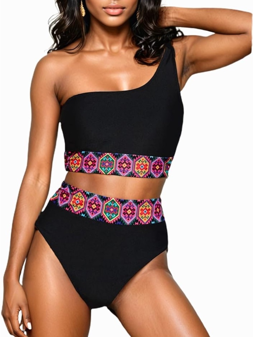 Hilinker - One-Shoulder Black Bikini with Colorful Geometric Trim - Size XXL